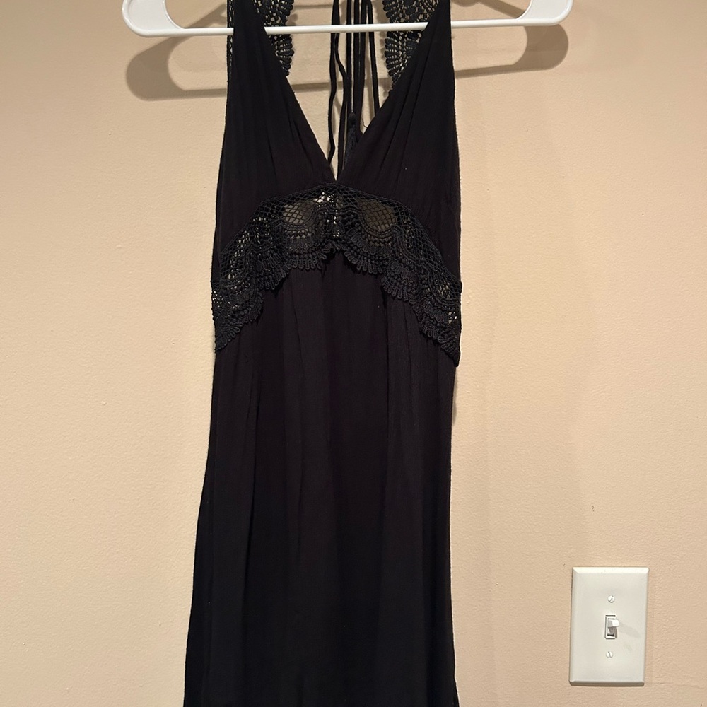 Elegant Black Halter Dress with Lace Detail
